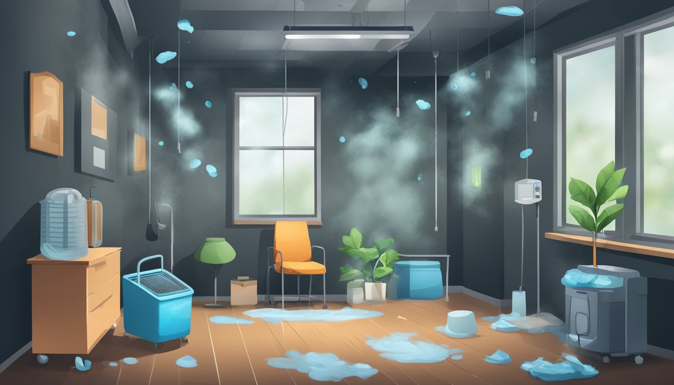 A dark, damp room with visible mold growth on walls and ceilings. Dehumidifiers and air purifiers in use. Respiratory masks and cleaning supplies scattered around