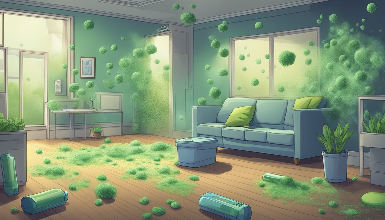 A moldy room with visible spores, causing an asthma attack. Medication and inhaler nearby