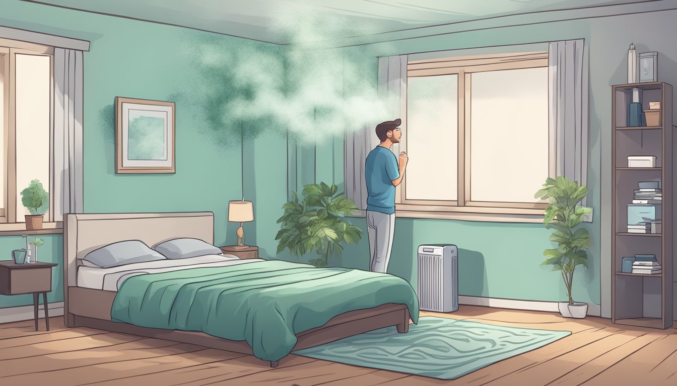 A room with visible mold growth on walls and ceiling. A person with asthma coughing and wheezing. Air purifiers and dehumidifiers present