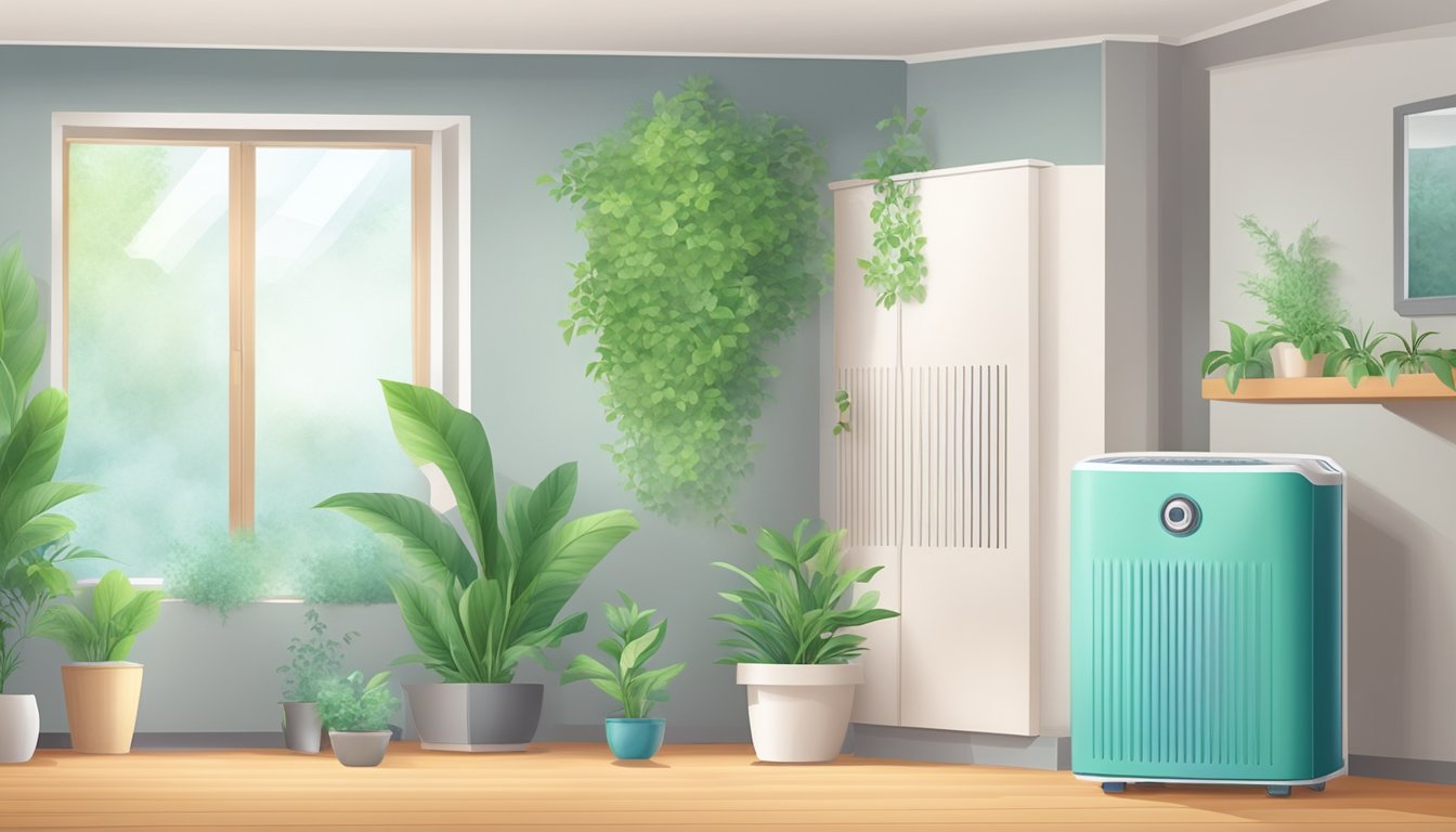 A clean, well-ventilated room with dehumidifiers and air purifiers. Mold-resistant materials and plants for natural air filtration