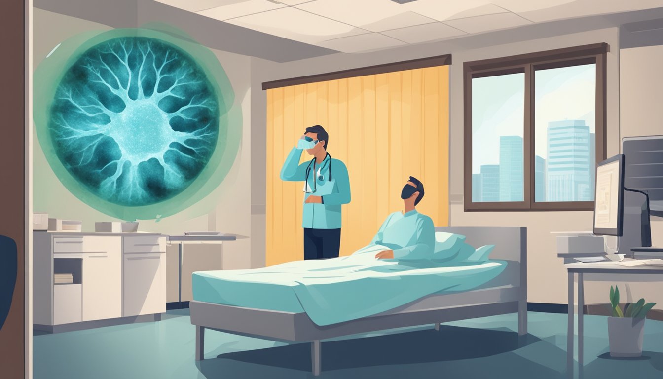 A room with visible mold growth on walls and ceiling. A person sneezing and rubbing their itchy, watery eyes. A doctor examining a CT scan showing sinus inflammation
