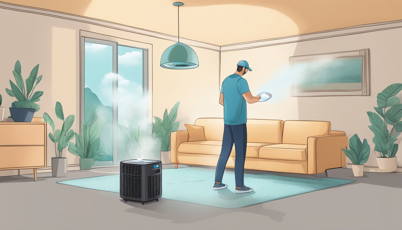 A room with an air purifier removing mold spores from the air, while a person breathes easier
