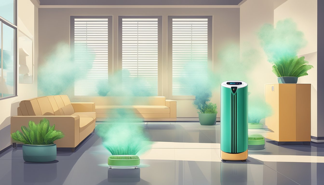 Various air purifiers in a room, with mold spores floating in the air. Some purifiers are visibly capturing the spores, while others seem to be ineffective