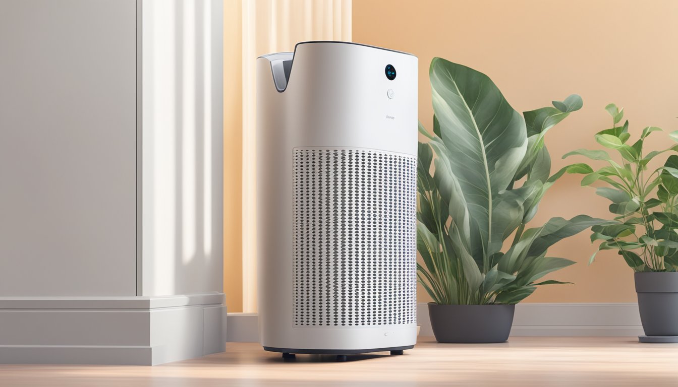 An air purifier sits in a room, surrounded by plants and clean surfaces. It hums softly, filtering out mold spores and other allergens from the air