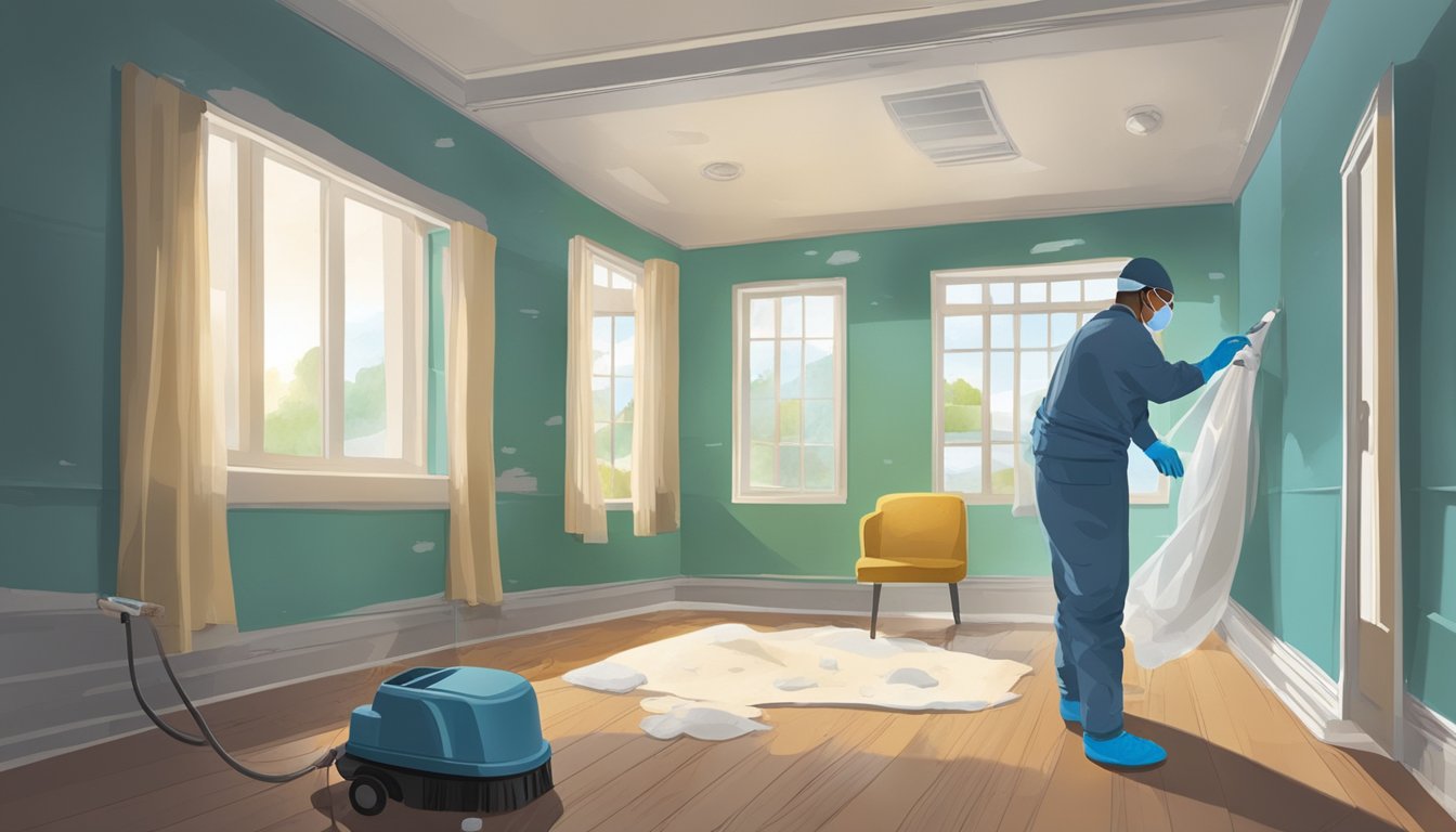 A room with visible mold growth on walls and ceilings, a person using a mask and gloves to clean the area, and an open window for ventilation