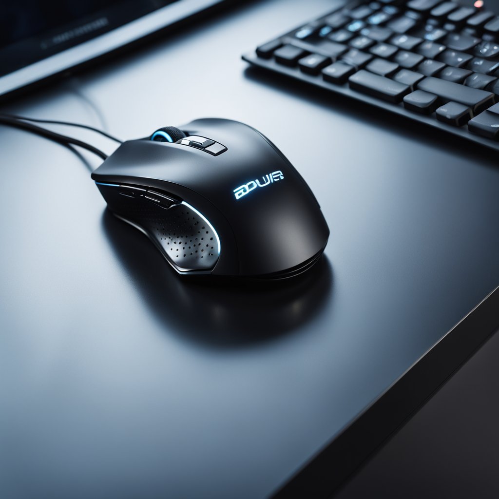A sleek, high-tech gaming mouse with customizable buttons and a responsive sensor sits on a gaming mousepad, surrounded by a keyboard and monitor