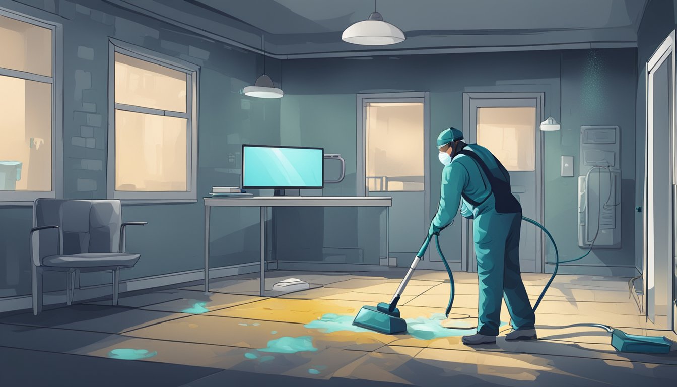 A dark, damp room with visible mold growth on walls and ceilings. A person wearing a mask and gloves is cleaning the area with disinfectant