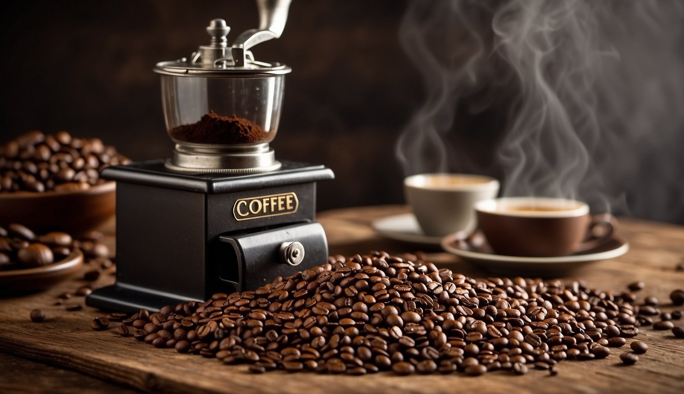 Coffee grounds spread on a rustic wooden table, surrounded by scattered coffee beans and a vintage coffee grinder. A steaming cup of freshly brewed coffee sits nearby, emitting a rich aroma