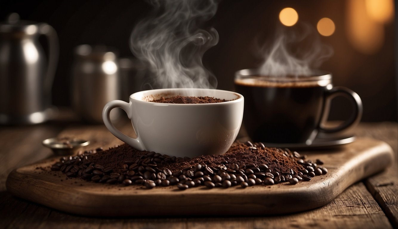 A pile of coffee grounds sits on a rustic wooden table, with steam rising from a freshly brewed cup in the background. The rich, earthy aroma fills the air