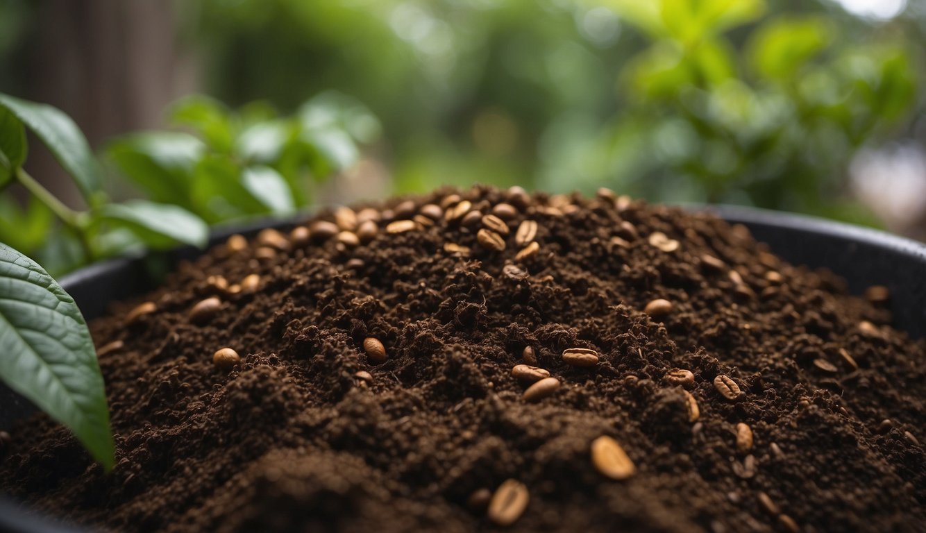 Coffee grounds are being composted in a backyard garden, surrounded by thriving plants and a healthy ecosystem. The process of decomposition and recycling is evident, showcasing the environmental impact and sustainability of caffeine in coffee grounds