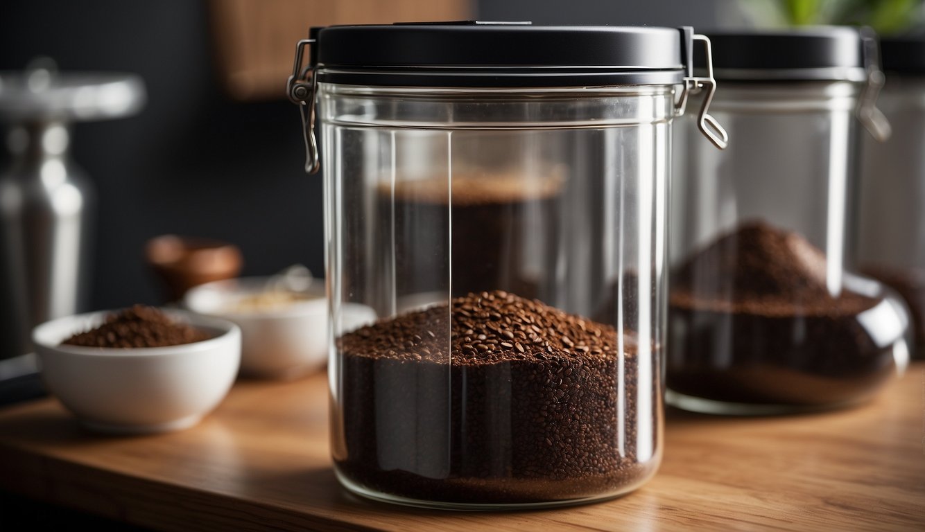 Coffee grounds stored in airtight container, preserved for freshness. Caffeine still present, waiting to be brewed