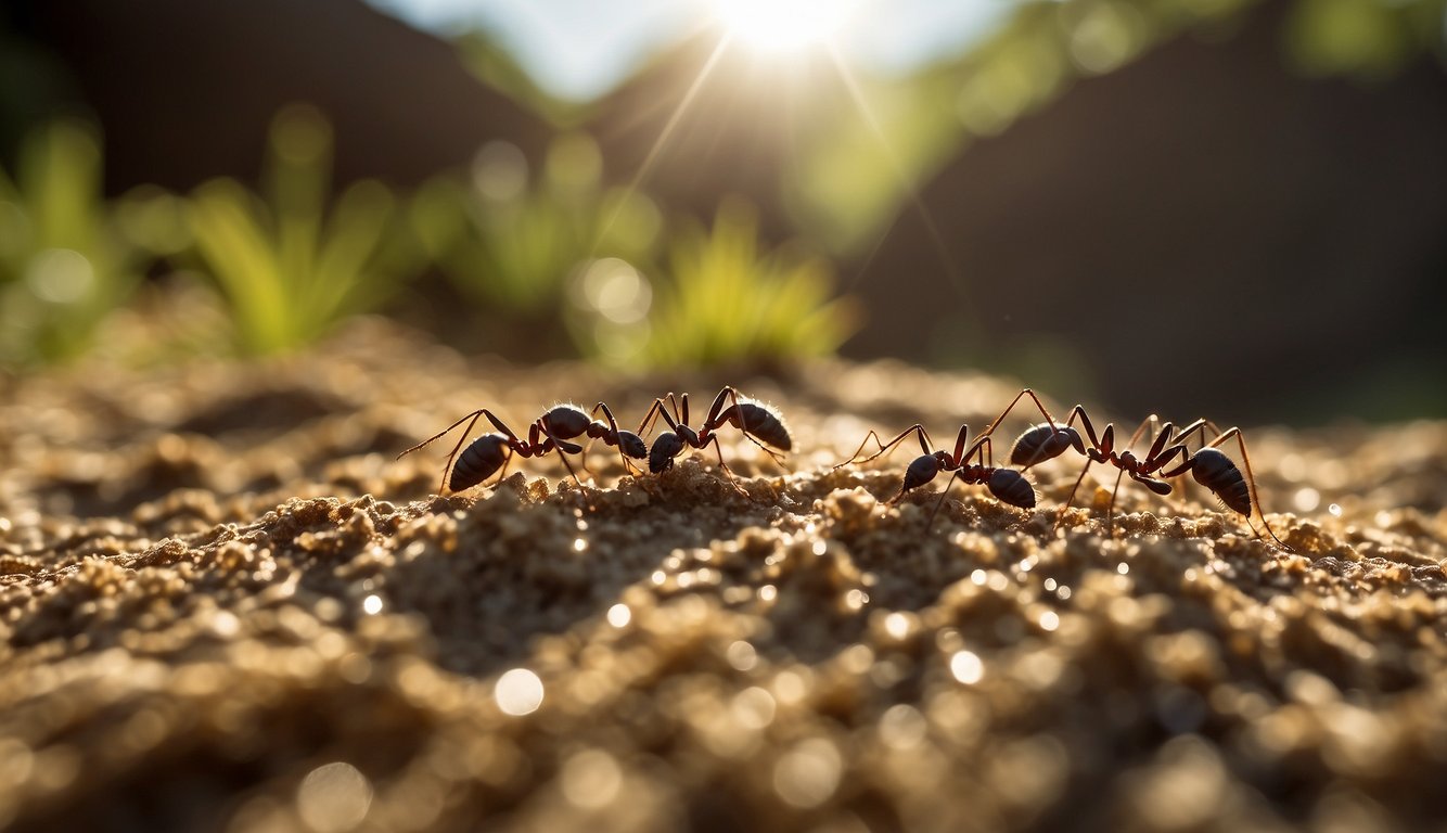 Ants bustling around a sandy mound, tunnel entrances dotted with debris. Sunlight filters through nearby grass, casting shadows over the intricate network