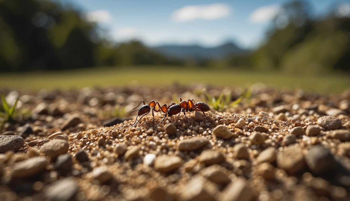 Ant hill surrounded by natural baiting materials like sugar and borax, with a trail leading to it