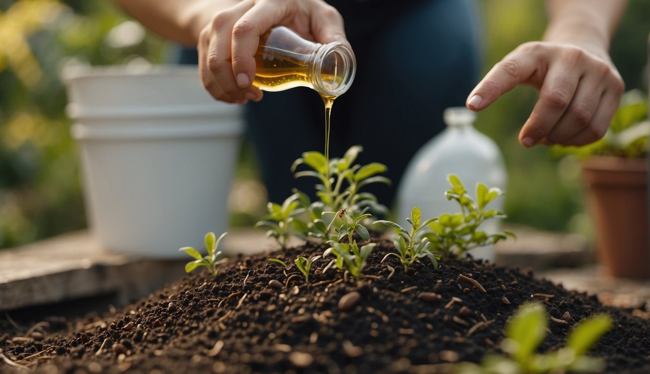 A person pouring a natural remedy solution onto an ant hill in a backyard garden