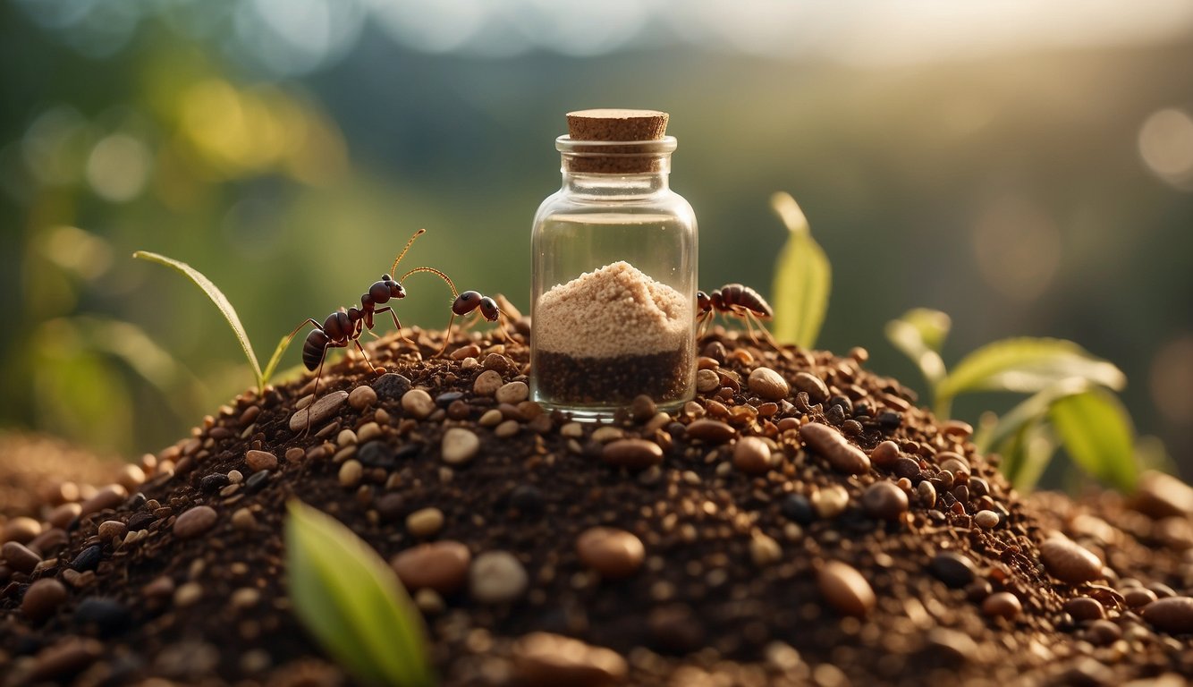 An ant hill surrounded by natural remedies like vinegar, cinnamon, or diatomaceous earth