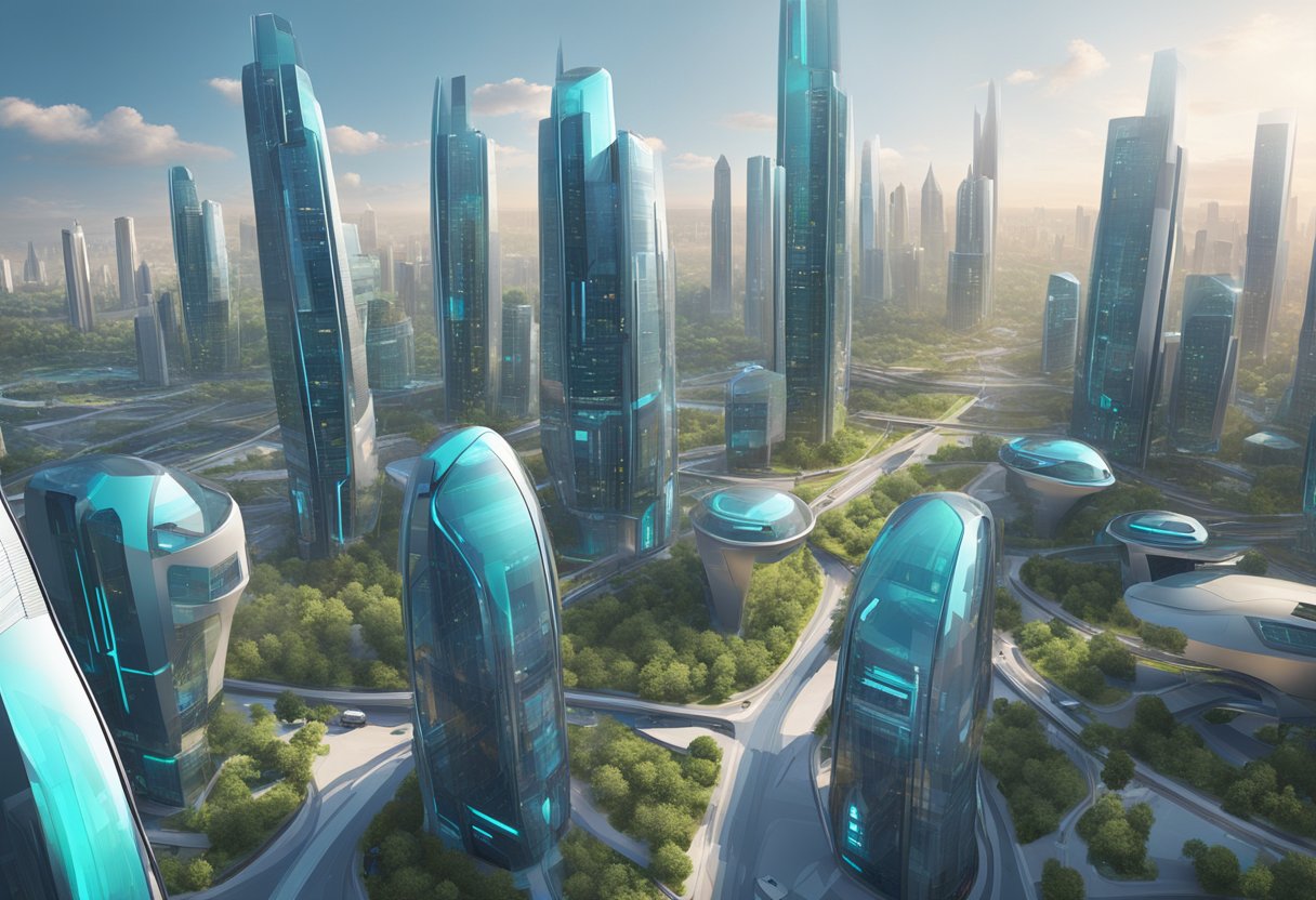 A futuristic cityscape with AI copilot technology integrated into windows and buildings