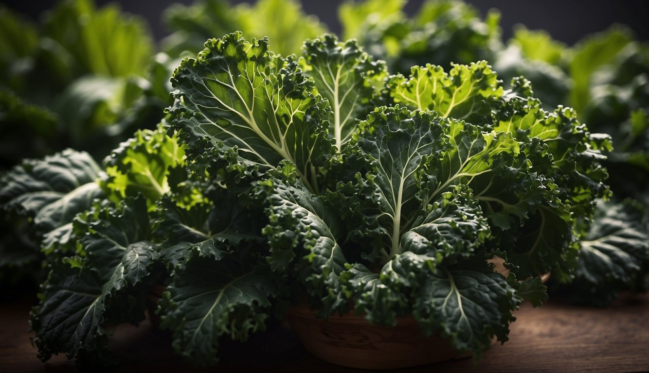 A vibrant bunch of kale with deep green leaves and a sturdy stem, surrounded by a halo of nutrient labels highlighting its high nutritional profile