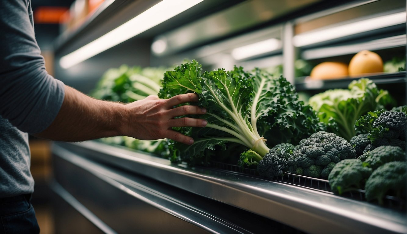 A hand reaching for fresh kale in a grocery store, then placing it in a refrigerator drawer for storage