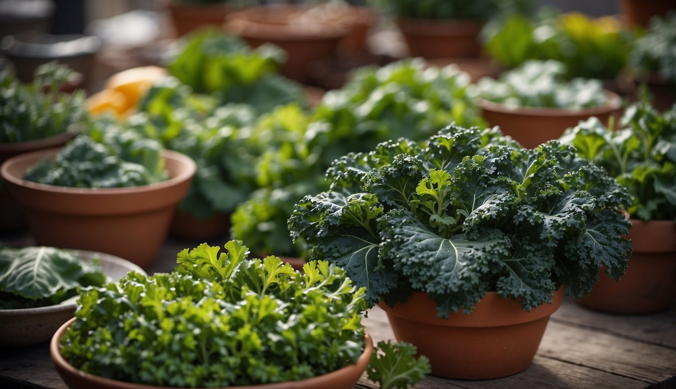 Kale plants of various colors and sizes, surrounded by dishes from different cultures