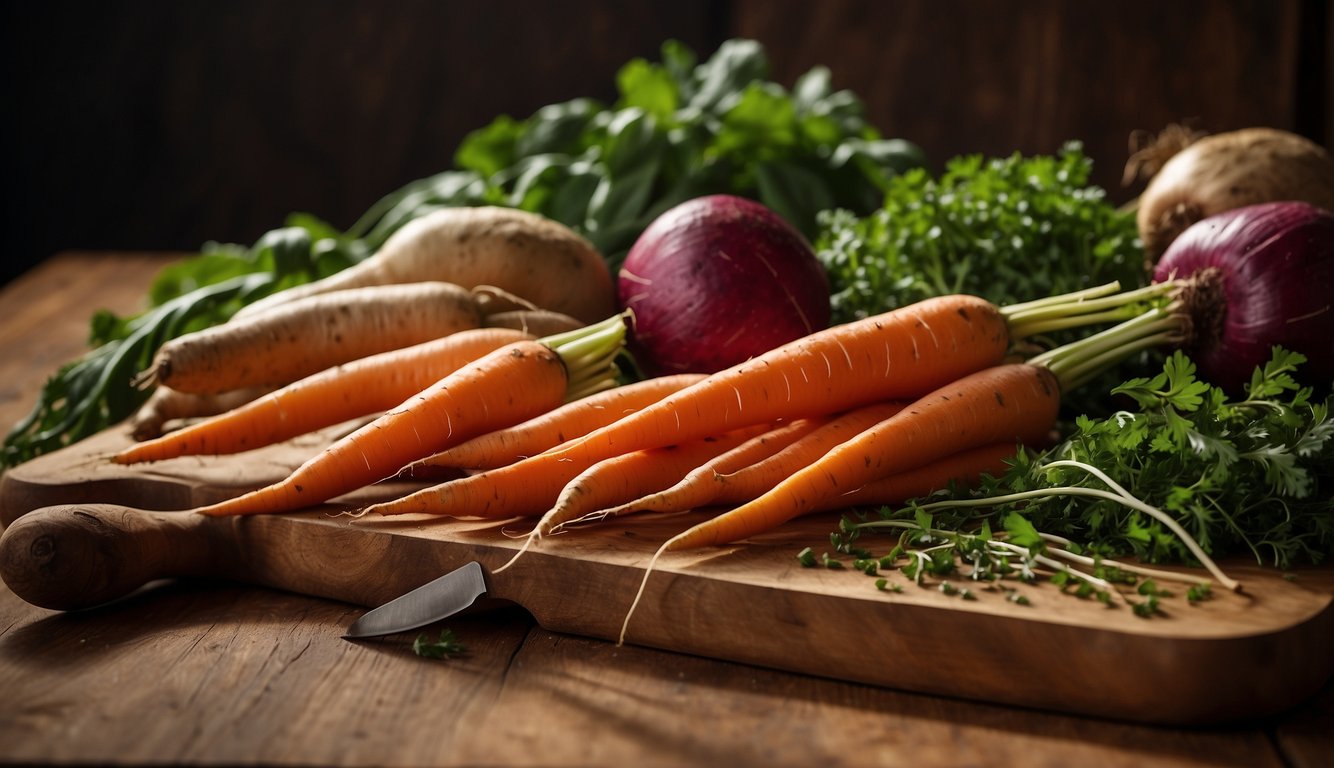 A colorful array of root vegetables, including carrots, beets, and sweet potatoes, are arranged on a wooden cutting board, with a knife and a pile of fresh herbs nearby