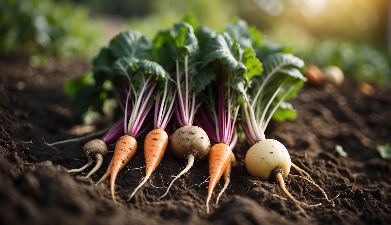 A garden full of ripe root vegetables like carrots, potatoes, and beets, ready to be harvested