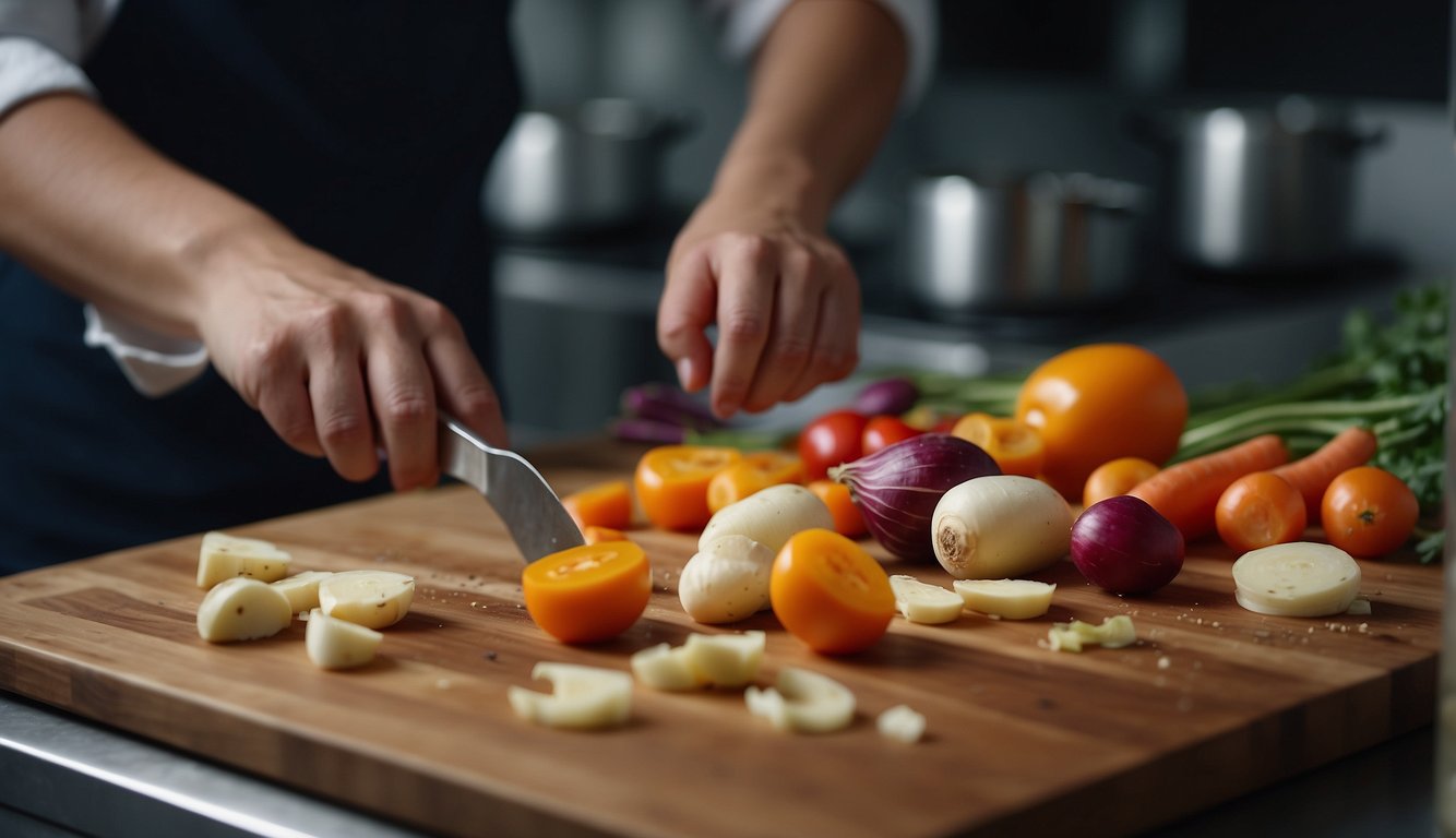 Root vegetables being washed, peeled, and chopped on a cutting board. A pot of water boiling on the stove. A chef seasoning and stirring the vegetables