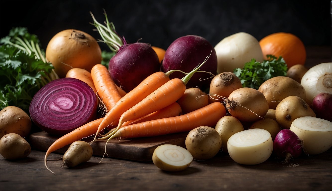 A table covered with a variety of root vegetables such as carrots, beets, turnips, and potatoes. Some are whole, some are sliced, and others are peeled, showcasing the diverse options for cooking and serving