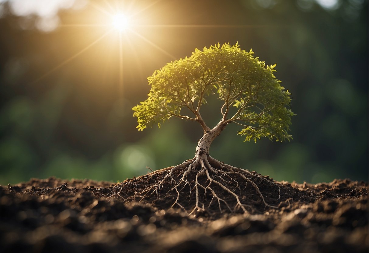 A lone tree reaching towards the sunlight, its roots digging deep into the earth, symbolizing the importance of self-discovery and growth