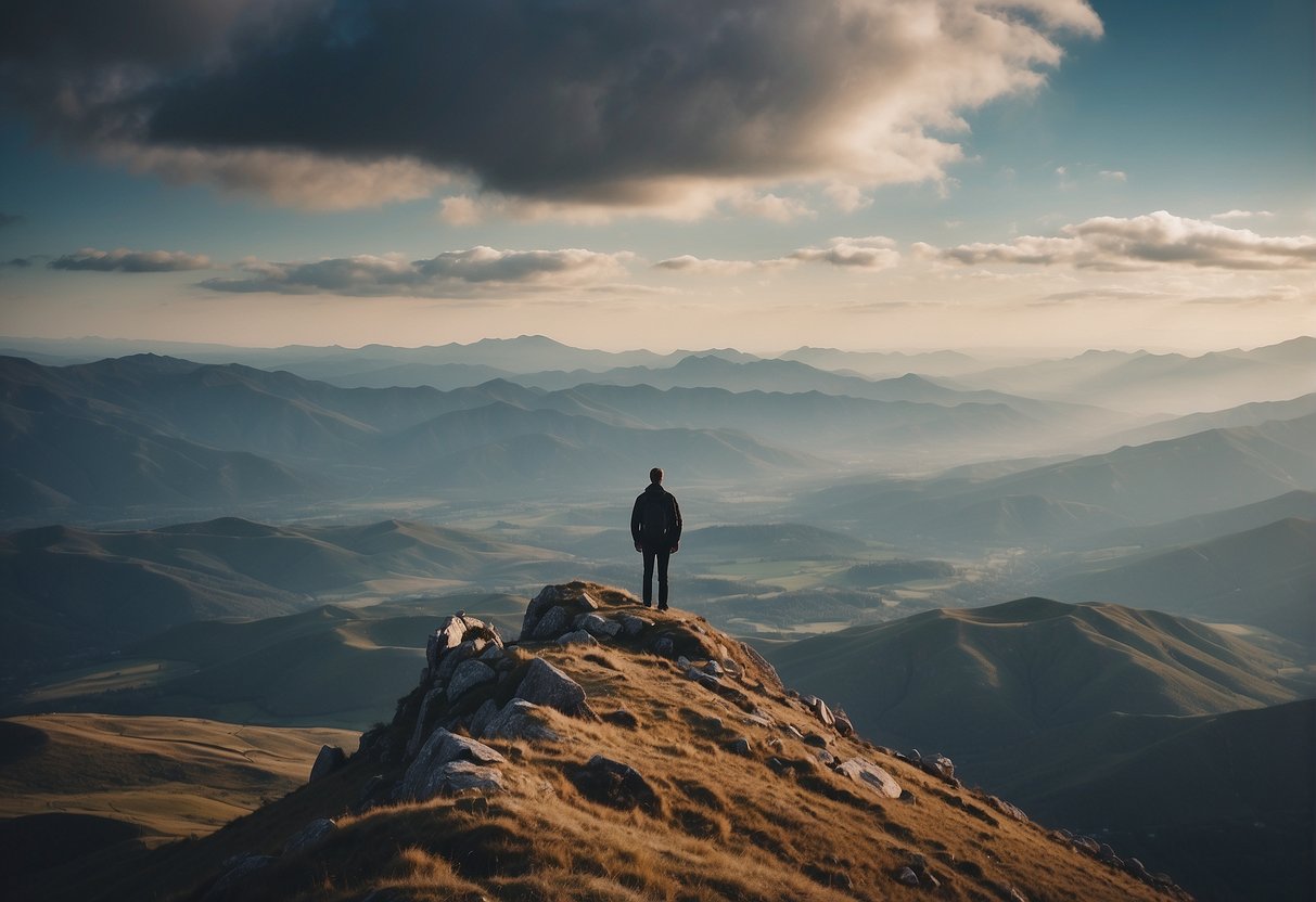 A lone figure stands atop a mountain, surrounded by vast landscapes and open skies, symbolizing the journey of self-discovery and personal growth