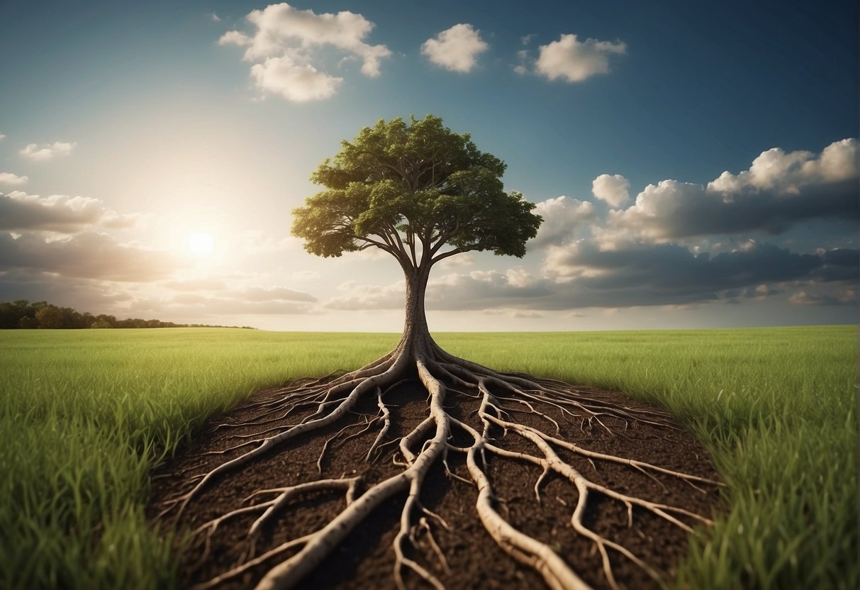 A lone tree stands in a vast, open field, its roots reaching deep into the earth while its branches stretch towards the sky, symbolizing the importance of self-discovery from a psychological perspective