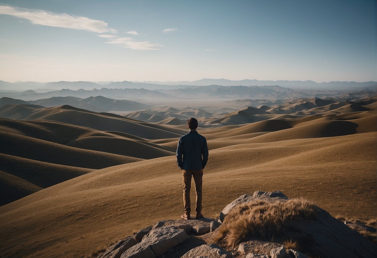 A person standing at the edge of a vast, open landscape, gazing out at the horizon with a sense of wonder and contemplation