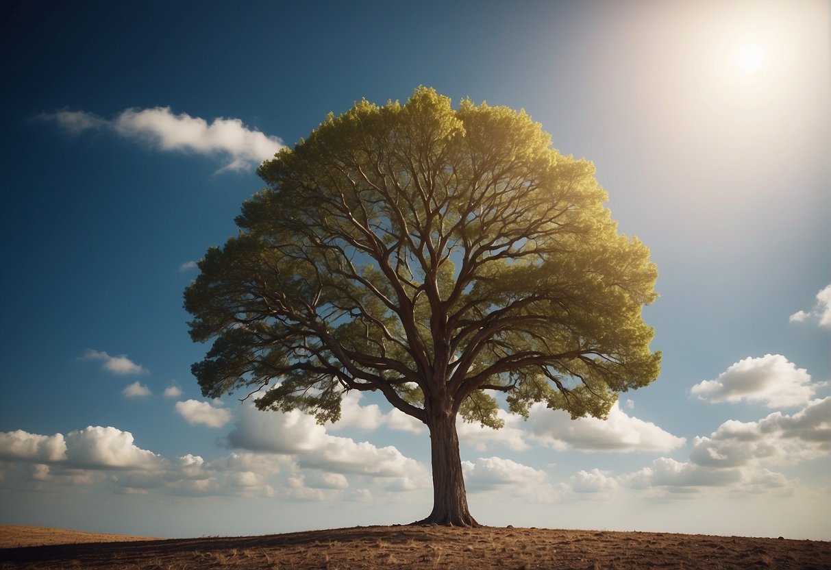 A lone tree stands in a clearing, its branches reaching towards the sky. Surrounding it, the landscape transitions from lush greenery to barren earth, symbolizing the journey of self-discovery through life's changes