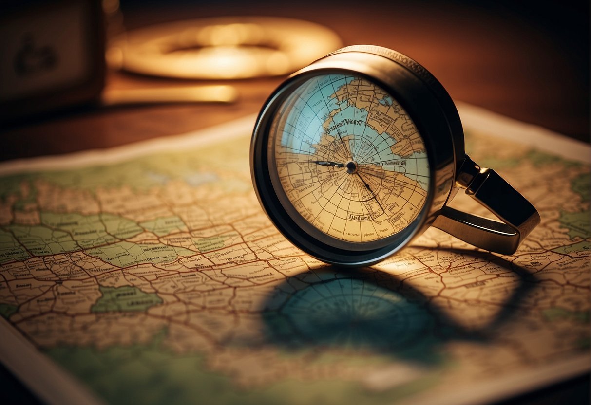 A magnifying glass hovers over a map of the world, while a compass points towards a glowing light at the center
