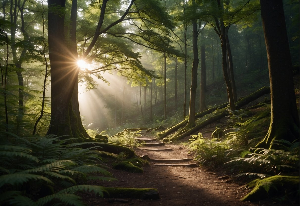 A winding path leads through a dense forest, with fallen trees and rugged terrain presenting obstacles. A beam of light breaks through the canopy, highlighting the journey's importance of self-discovery