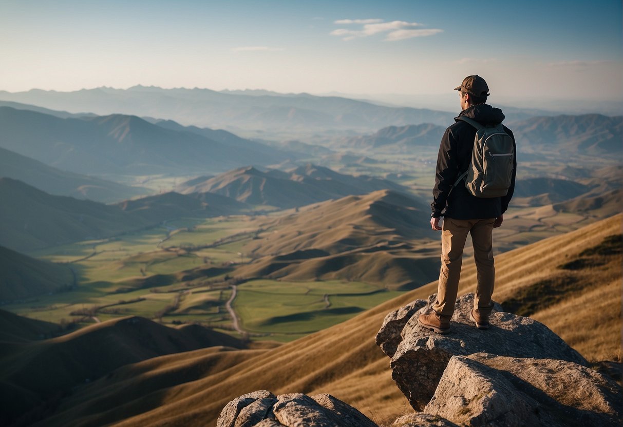 A person standing on a mountain peak, gazing out at a vast, open landscape, symbolizing the importance of self-discovery integrated into daily life