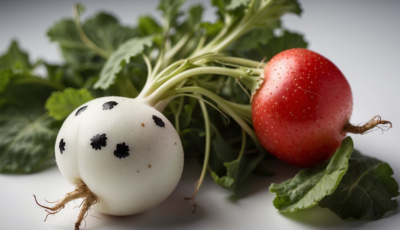 A close-up of a radish with black spots, set against a white background with soft natural lighting