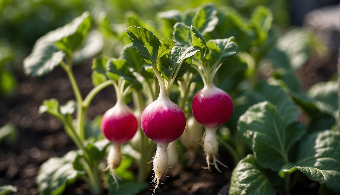 Radishes with black spots grow in a well-tended garden