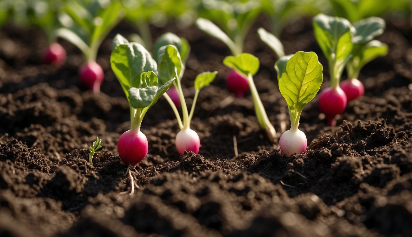 Healthy radishes surrounded by organic compost, mulch, and a natural fungicide spray to prevent and treat black spots