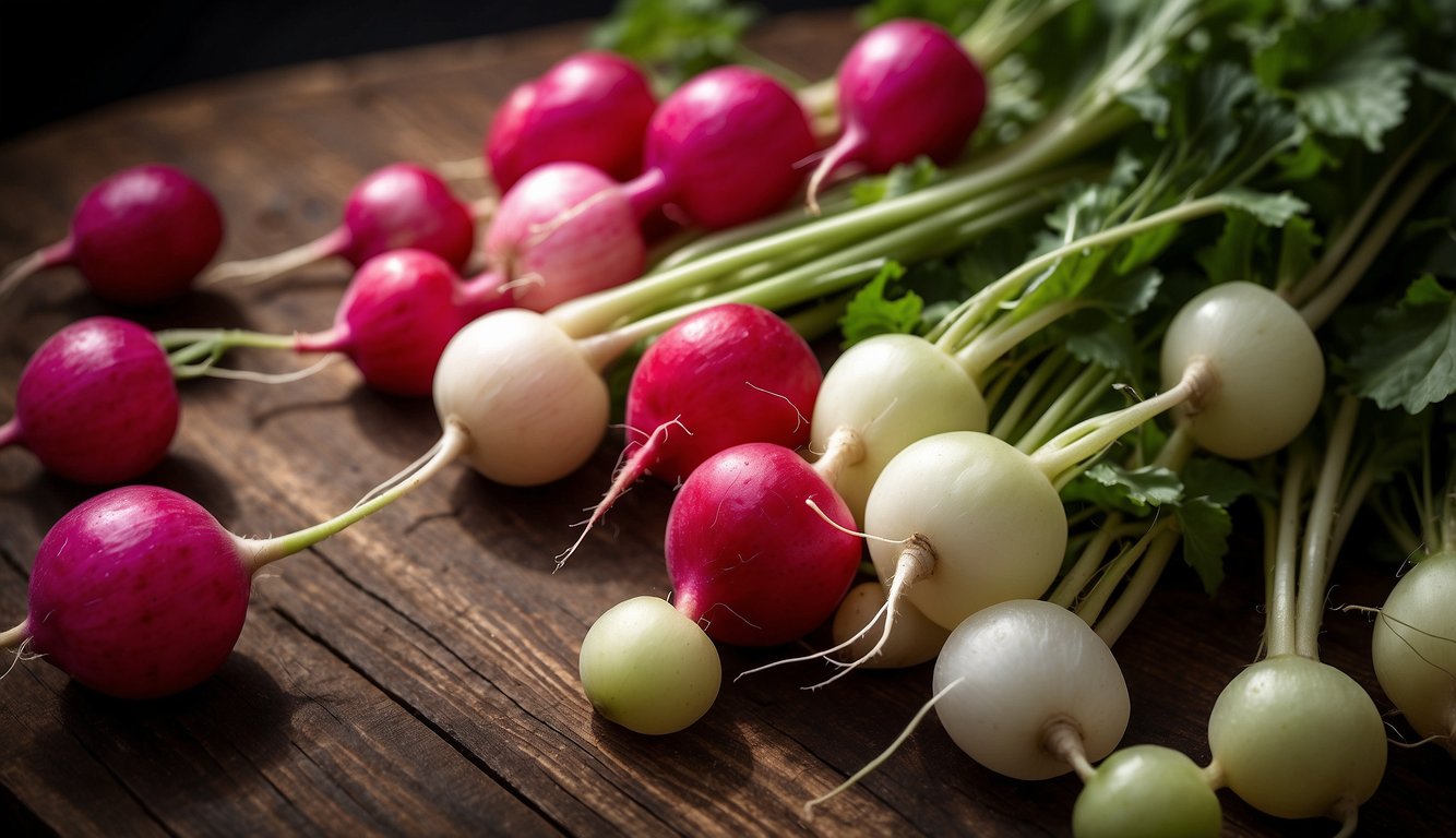 Various radishes with different colors and sizes, some with black spots, arranged on a wooden table