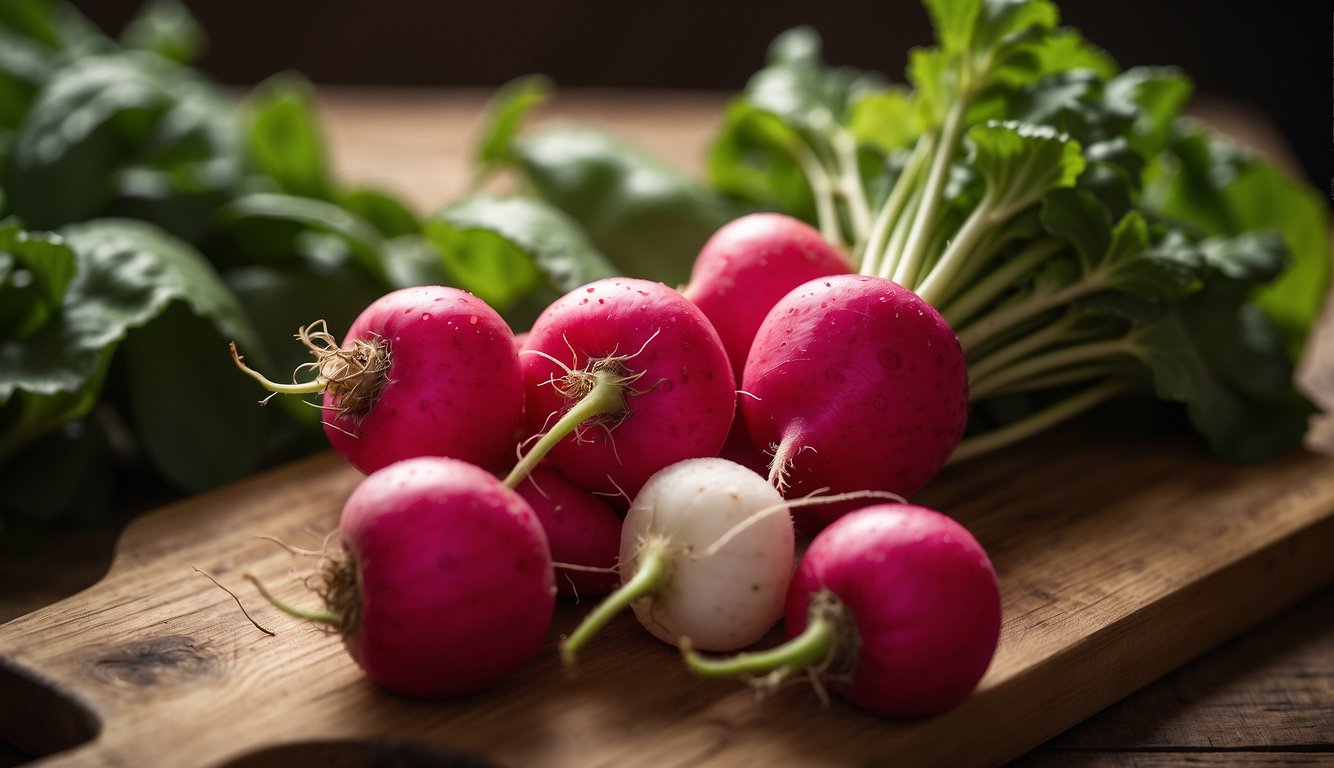Fresh radishes with dark spots, rich in vitamins and minerals, on a wooden cutting board
