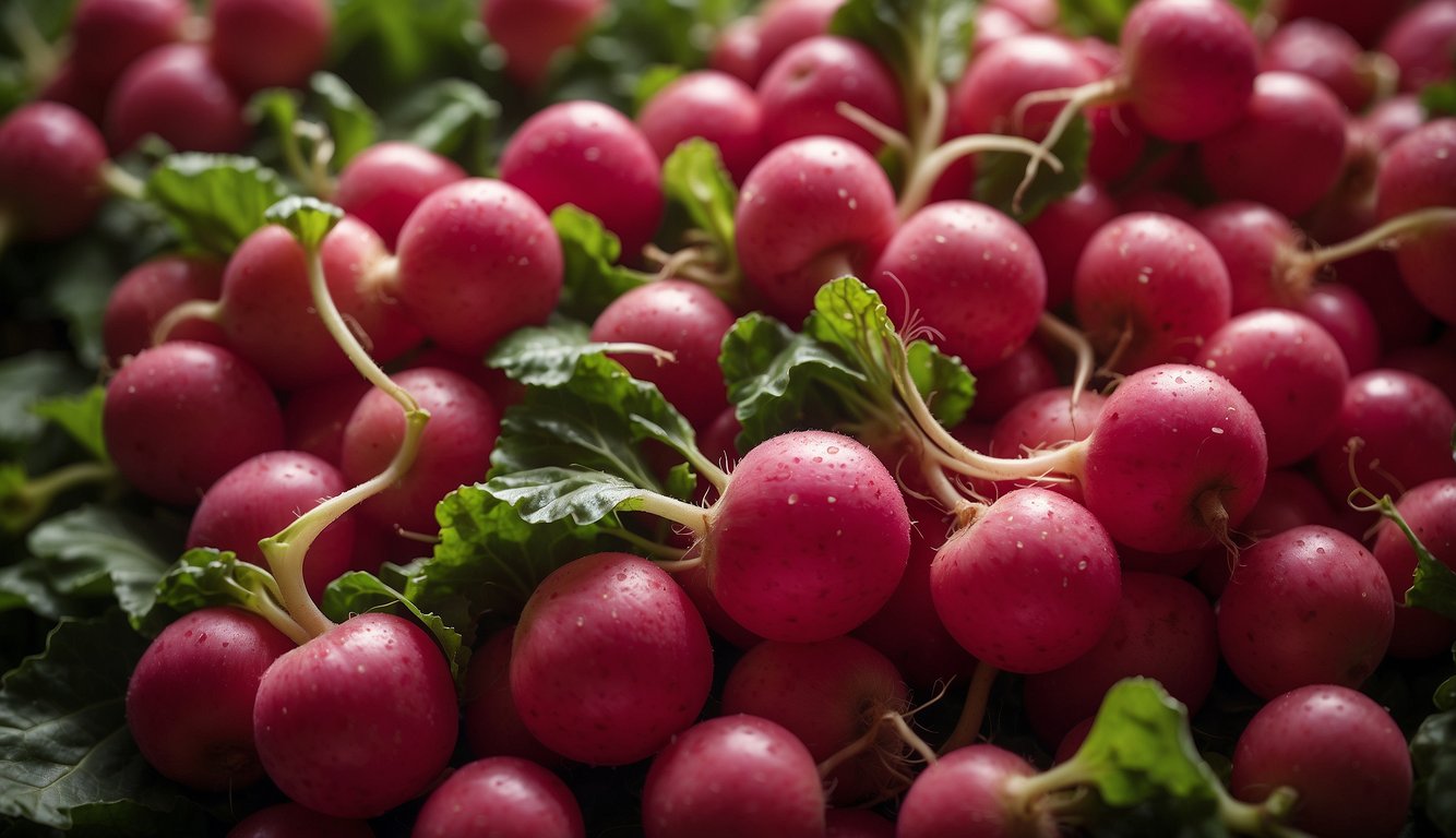 A pile of radishes with black spots, surrounded by question marks