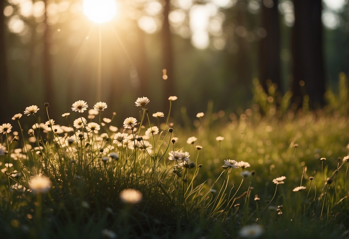 A bright sun rises over a tranquil forest, casting warm light on a blooming meadow. A gentle breeze carries affirming words through the air, uplifting the surroundings