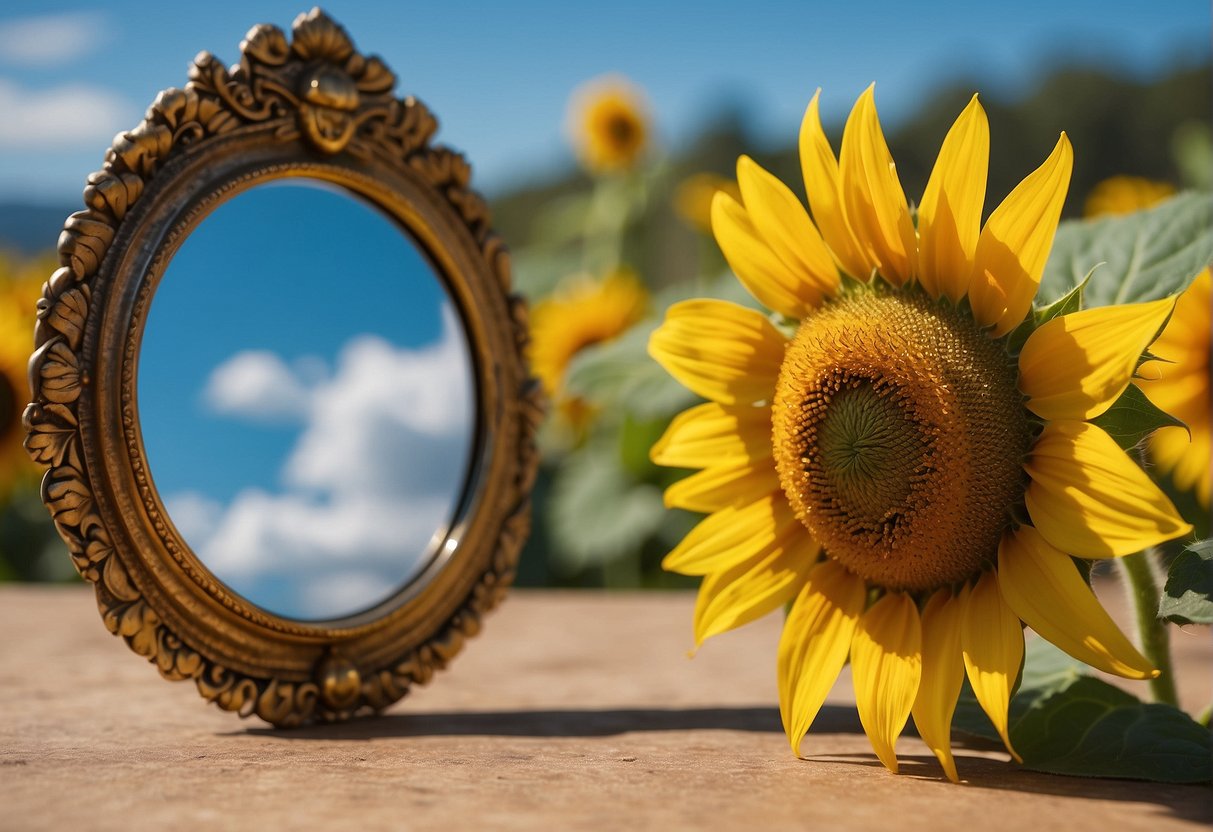 A mirror reflecting a smiling sunflower surrounded by uplifting affirmations