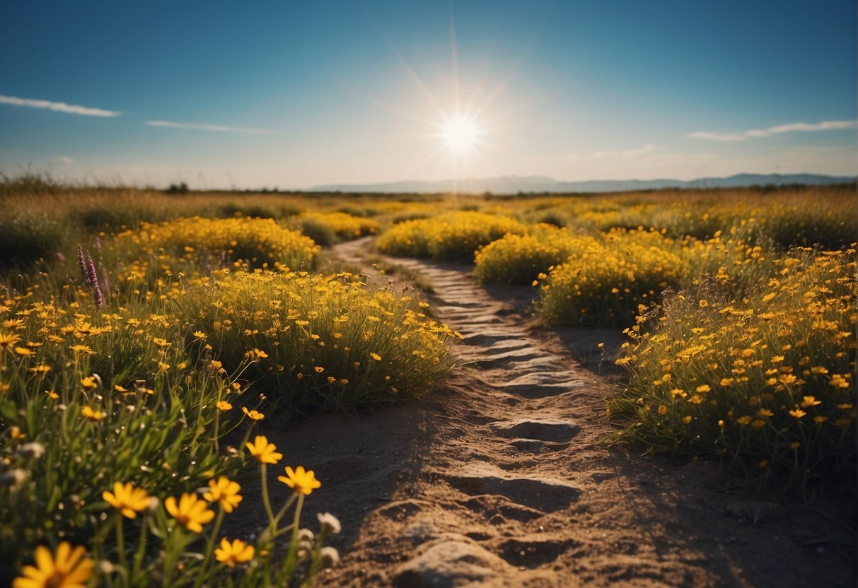 A serene landscape with a clear blue sky and a vibrant field of flowers, symbolizing growth and positivity. A path leads towards a distant horizon, representing long-term goals and aspirations