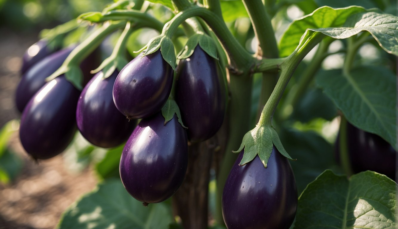 Lush eggplant plants with purple flowers in a sunlit garden
