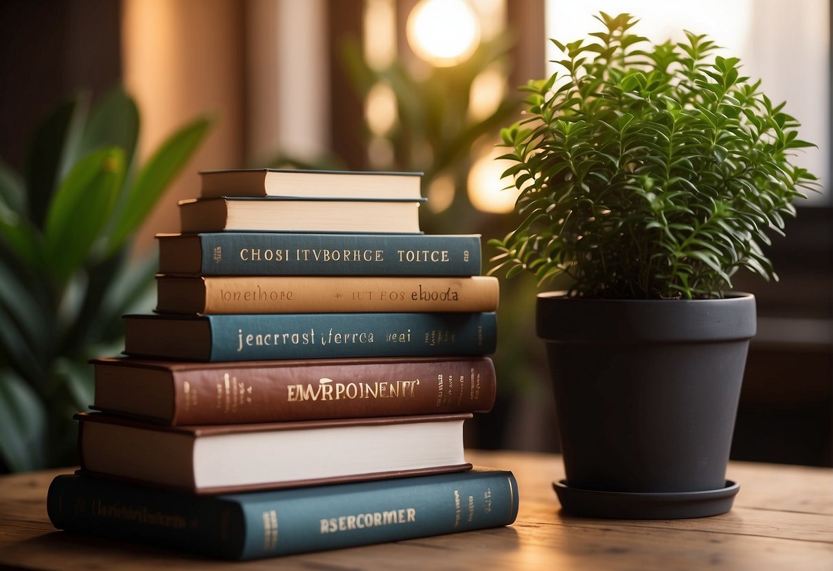 A stack of books with titles like "Self-Worth" and "Empowerment" sits on a wooden table, surrounded by potted plants and a warm, glowing lamp