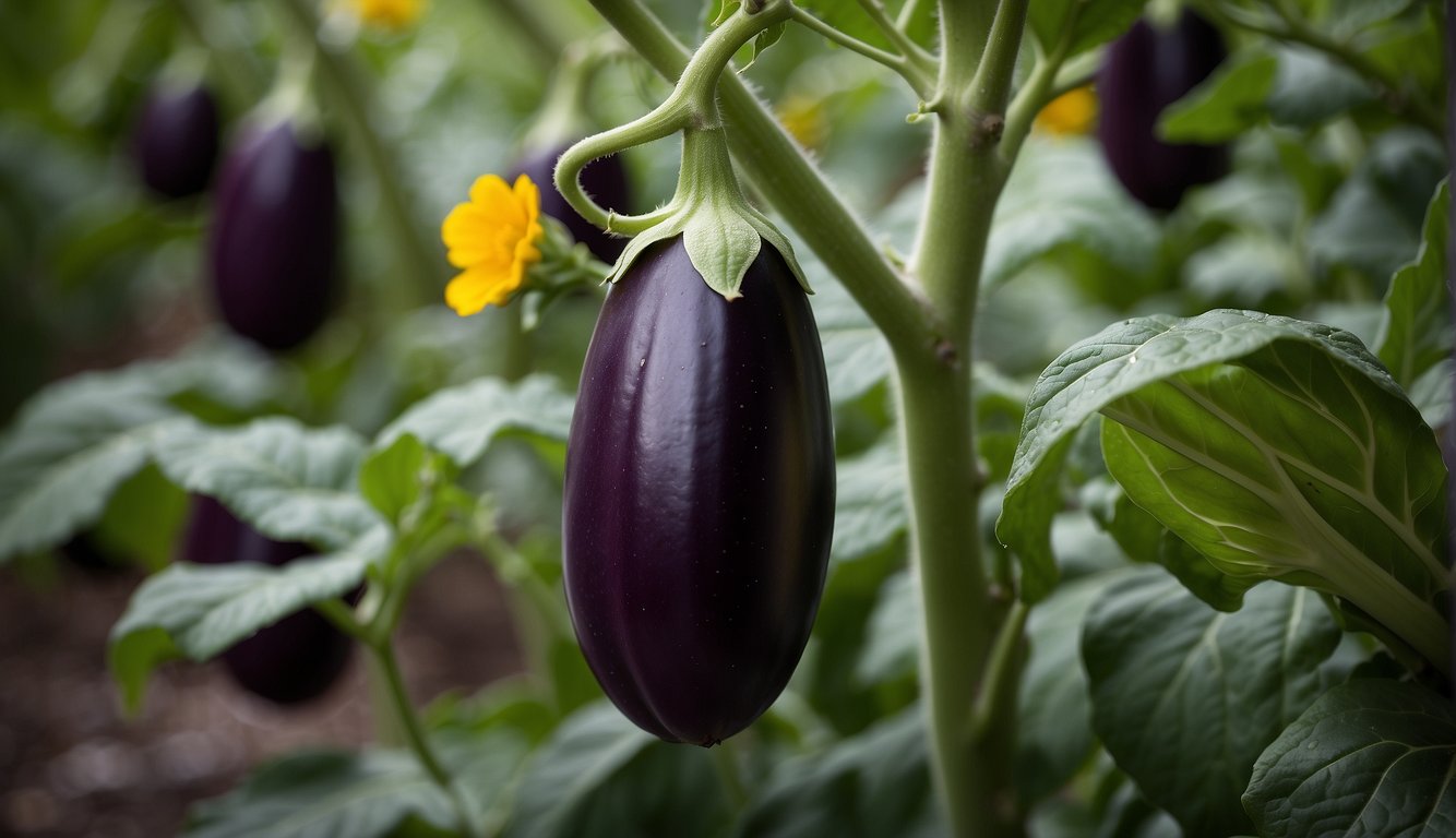 Eggplant flowers in bloom, surrounded by lush green foliage, with a sign reading "Frequently Asked Questions: Are eggplant flowers edible?" displayed prominently