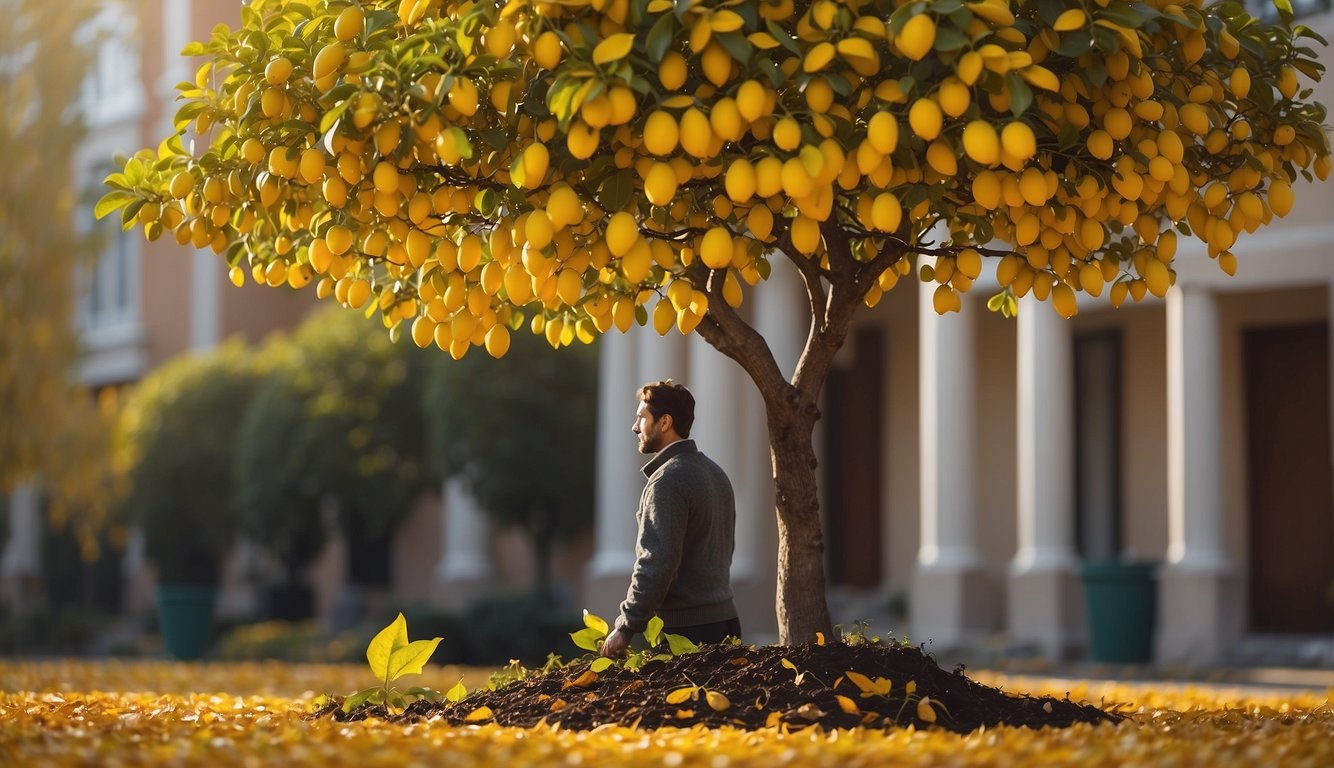 A meyer lemon tree with yellow leaves, surrounded by fallen leaves and a gardener inspecting the foliage