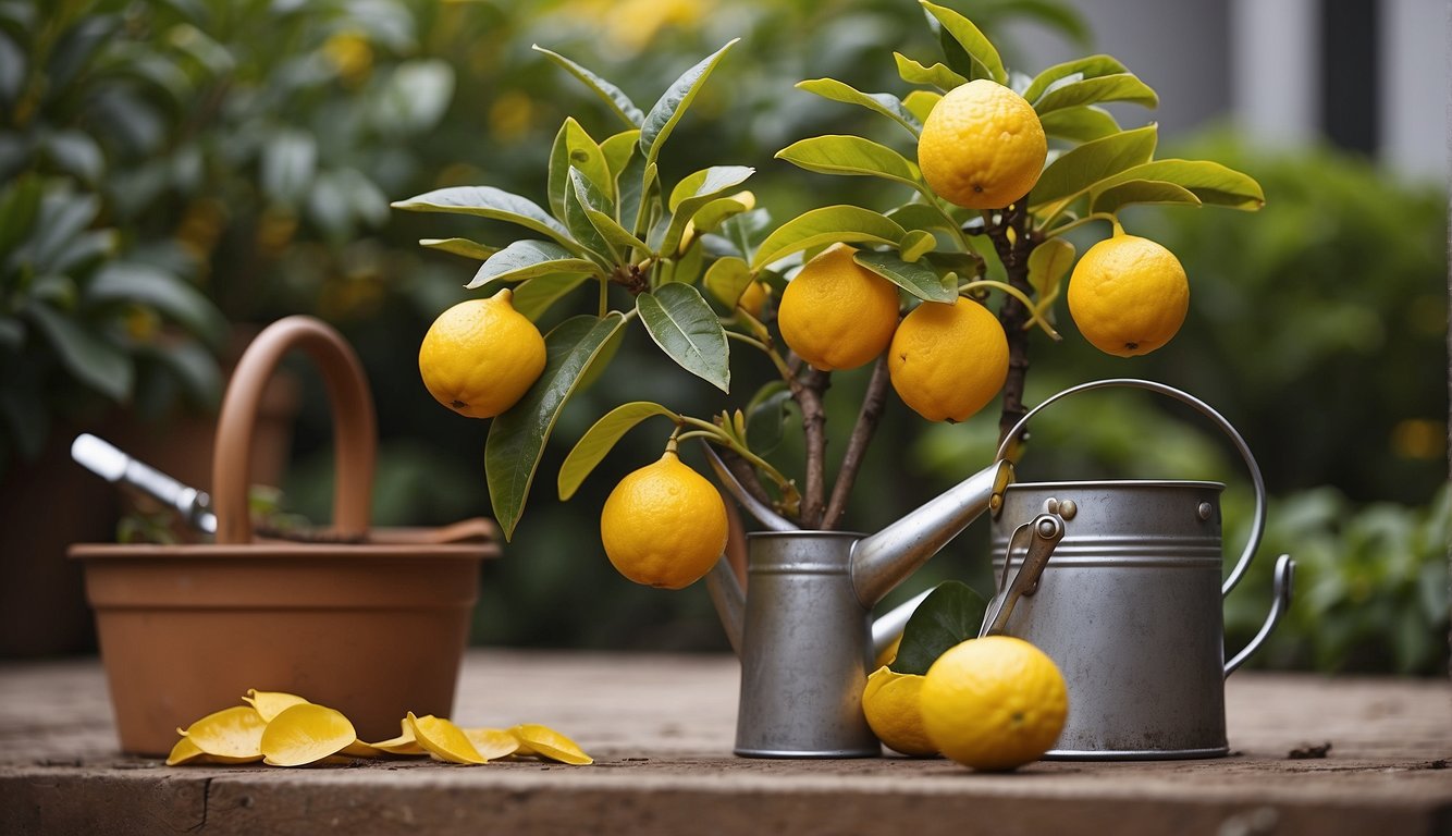 A Meyer lemon tree with yellow leaves, surrounded by gardening tools and a watering can