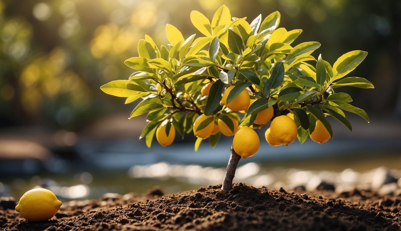 A vibrant Meyer lemon tree with yellow leaves stands in a sunny garden, surrounded by rich soil and watered by a gentle stream
